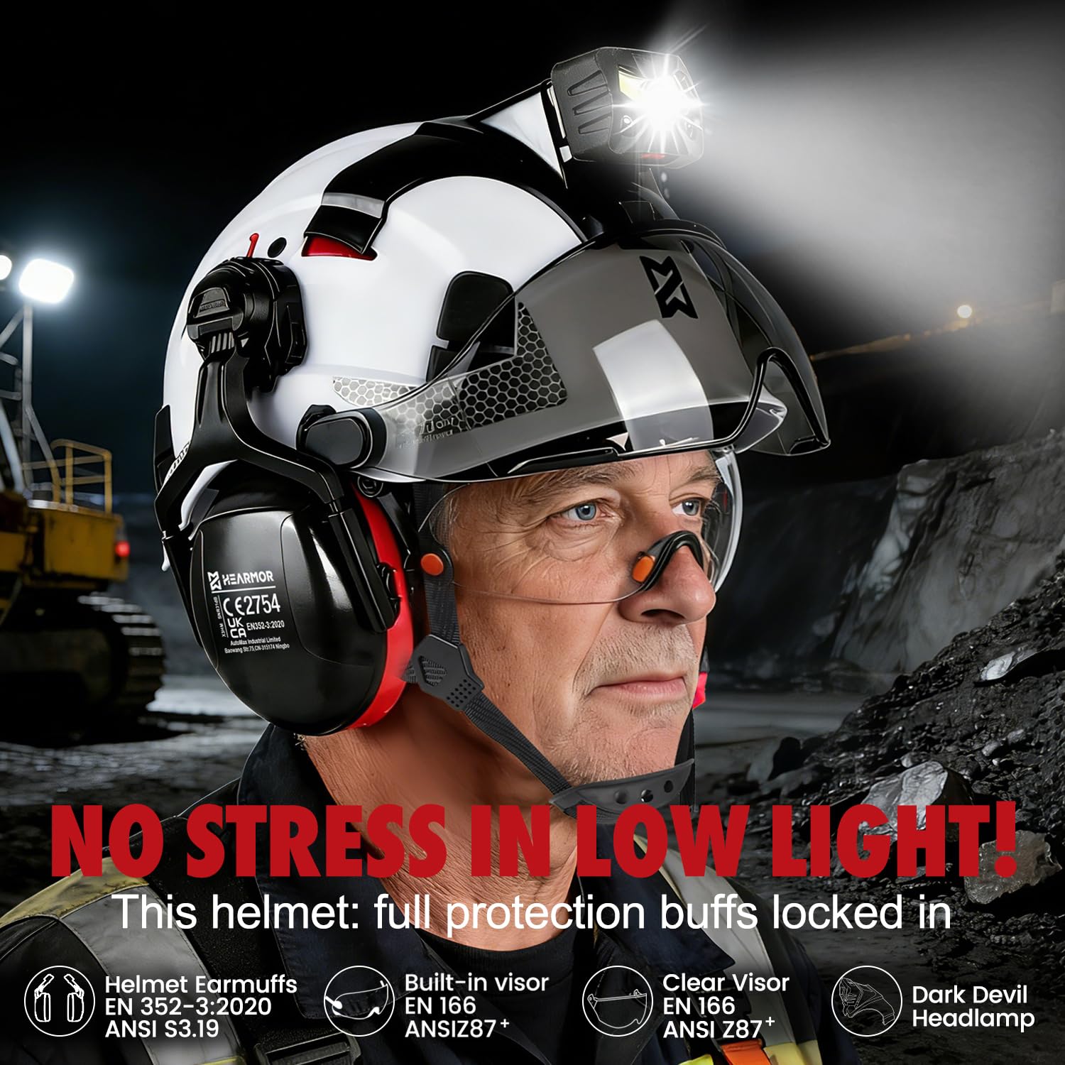 HEARMOR VOLTEK Casque de protection industriel certifié CE EN397 avec lampe frontale LED + visière et protection auditive | Pour travaux forestiers, travaux de construction et escalade | Casque de