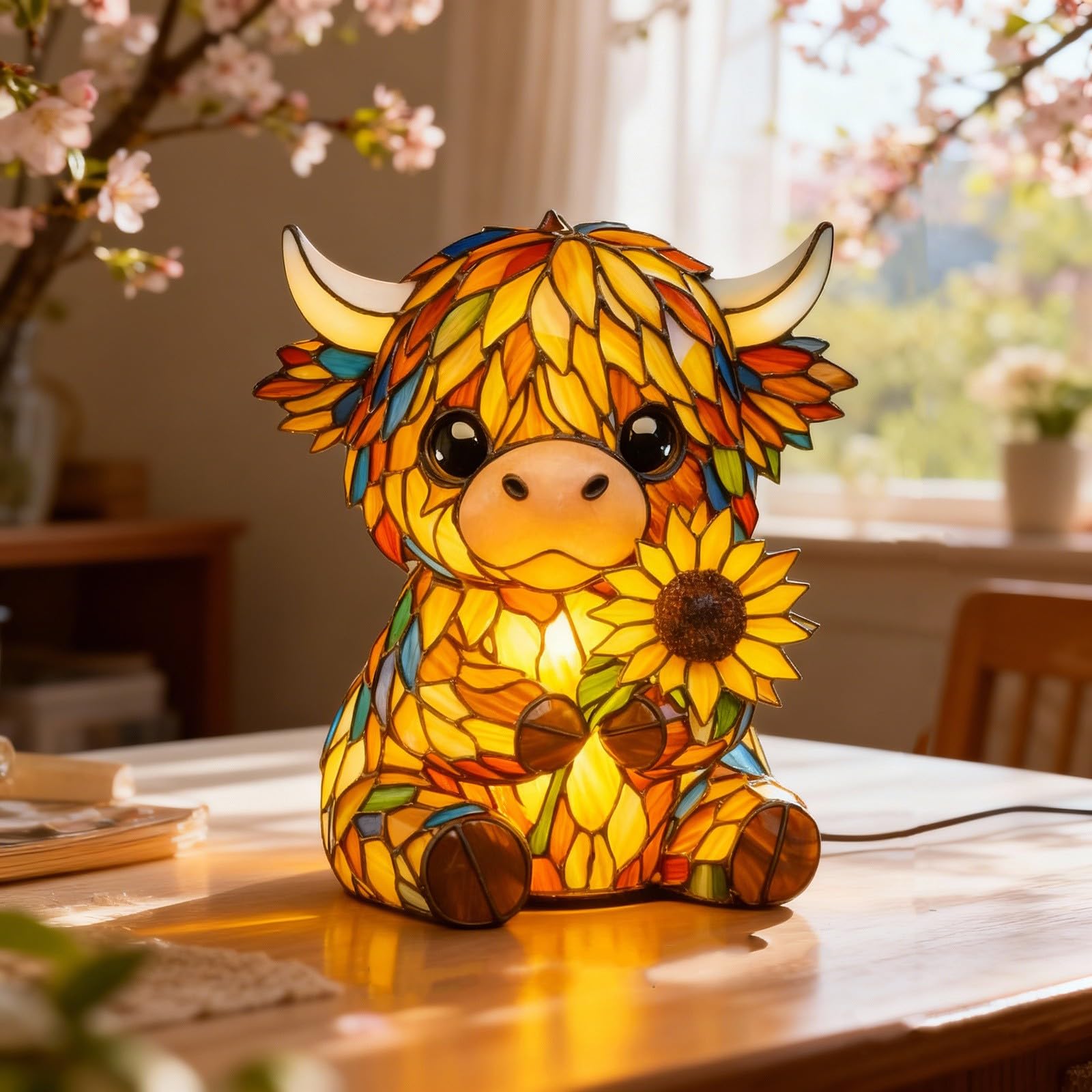 Stained Highland Cow Lamp, Vintage Resin Table Light – 3D Cute Animal Lamp for Bedroom & Bedside | USB or Battery Powered, LED Night Light with Warm Glow, Unique Home Decor for Cow Lovers (Yellow-2)