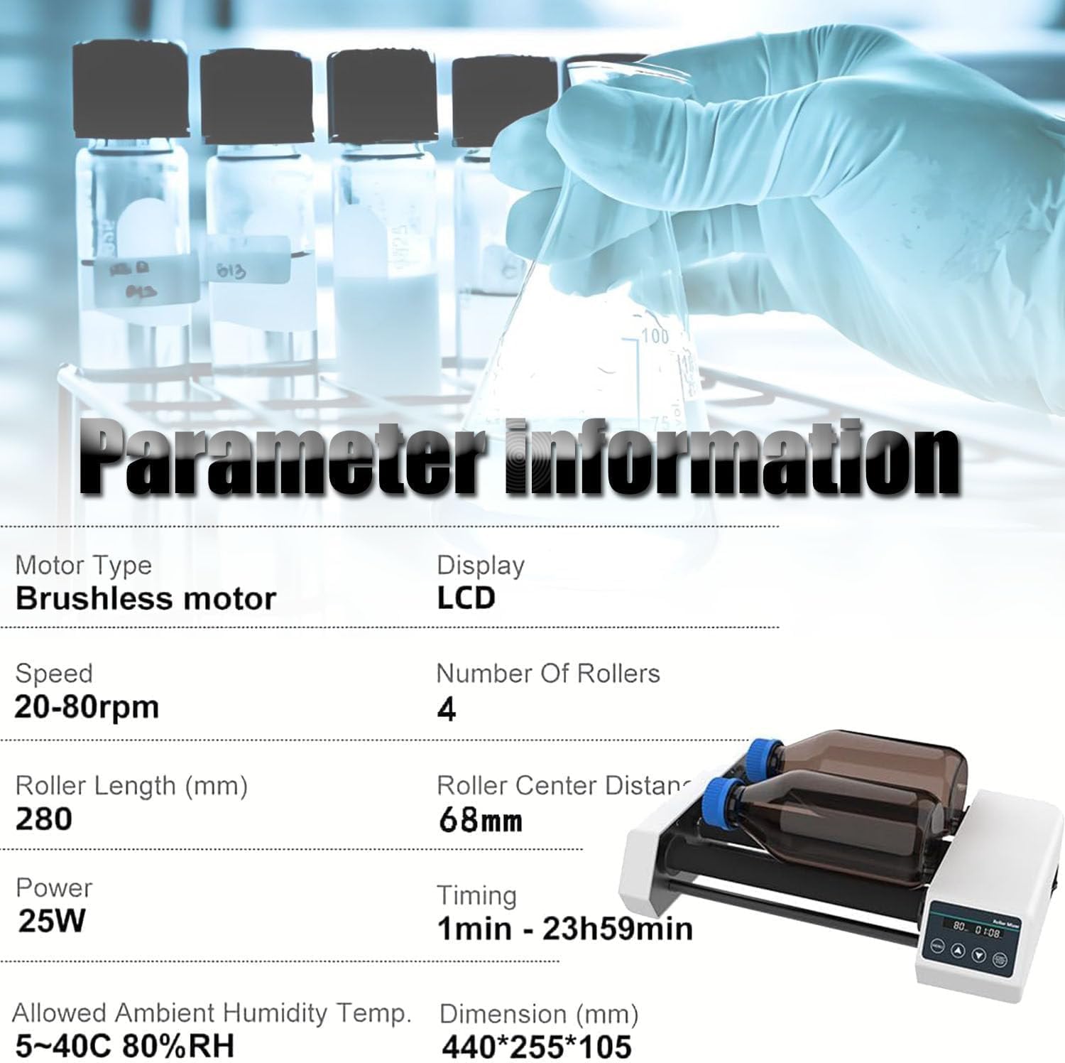 Mezclador de rodillos de laboratorio, agitador digital de 4 rodillos, velocidad ajustable de 20-80 rpm, carga máxima de botellas de 1 litro x 2/2 kg, para laboratorios químicos y biológicos