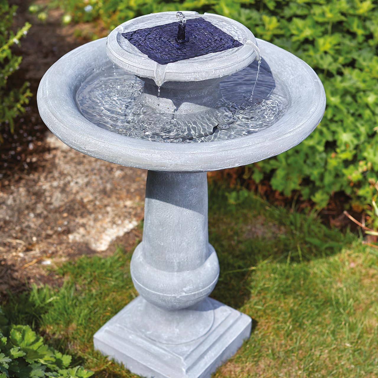 Chatsworth Solar Powered Bird Bath Fountain - Stone Effect Resin Outdoor Garden Cascading Water Feature Decoration for Patio, Decking, Lawn, Yard – Measures H78 x W53 x D53cm