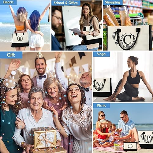 Miniatura 8 de QLOVEAInitial Canvas Tote Bag Makeup Bag, Beach Bag with Zipper, Personalized Birthday Gift for Mom Grandma Sister Friends