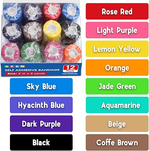 Miniatura 7 de AZEN Paquete de 12 vendajes autoadhesivos, 3 pulgadas x 5 yardas, vendaje elástico cohesivo, envoltura veterinaria, cinta de tobillo, cinta de