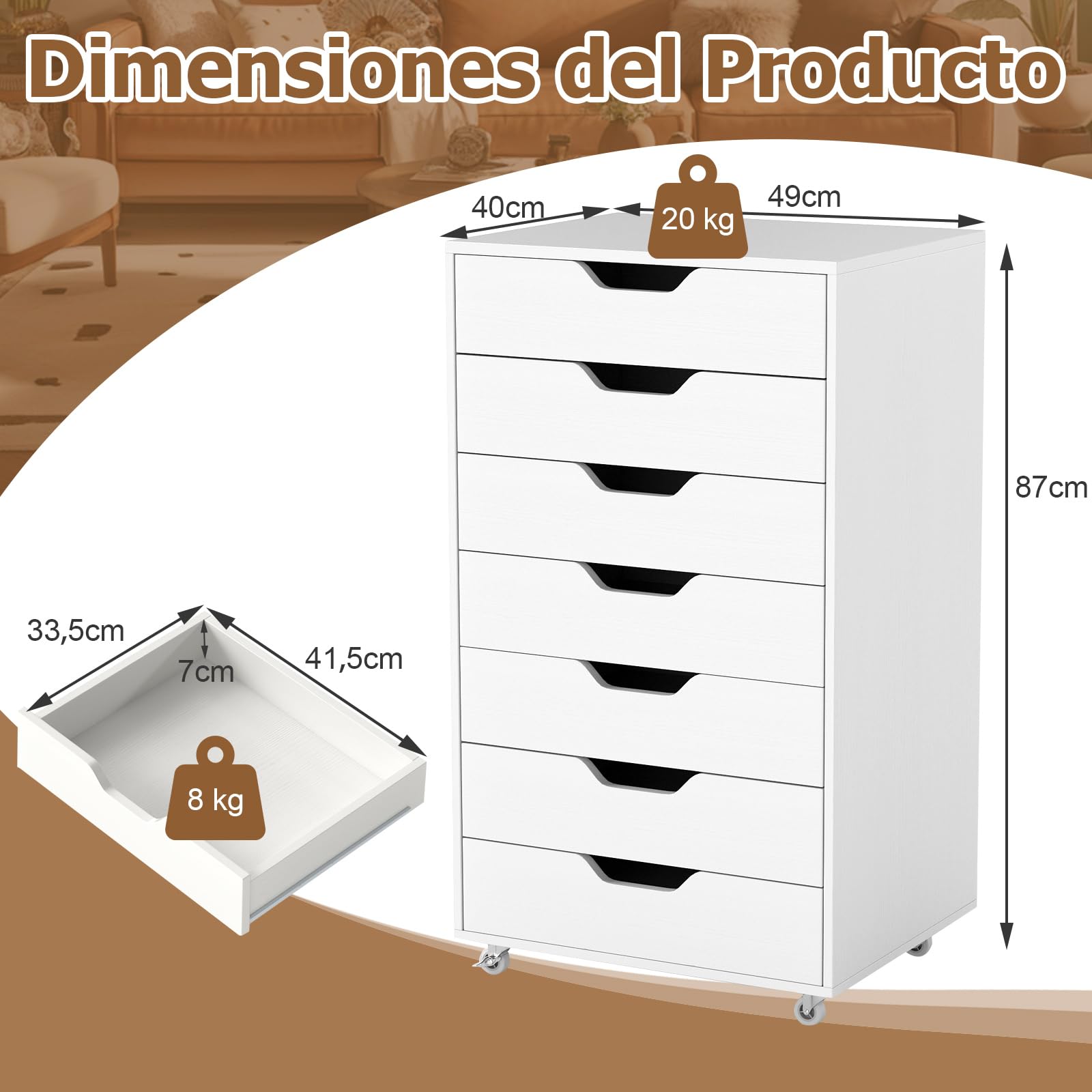 COSTWAY Cajonera Escritorio con Ruedas, 49x40x87 cm, Cajonera Oficina Móvil con 7 Cajones, Archivador Móvil de Madera para Oficina, Estudio, Salón, Dormitorio, Armario de Almacenamiento (Blanco)