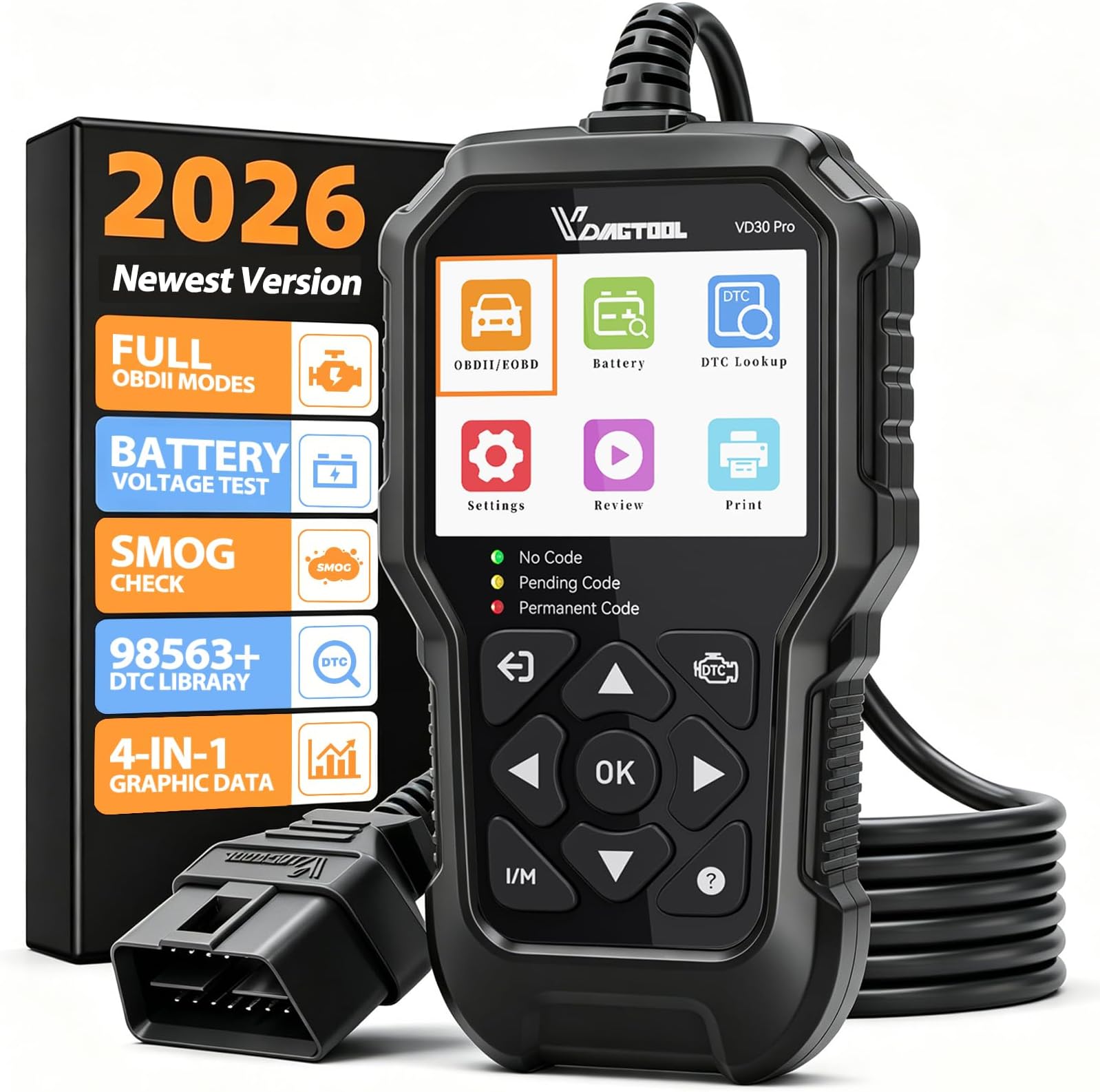OBD2 Scanner VDIAGTOOL VD30 Pro, Fault Code Reader with Battery Voltage Test, Car Can Diagnostic Scan Tool for EOBD Cars, OBD Scanner with Live Data, Check Engine Light Error for All OBDII Vehicles