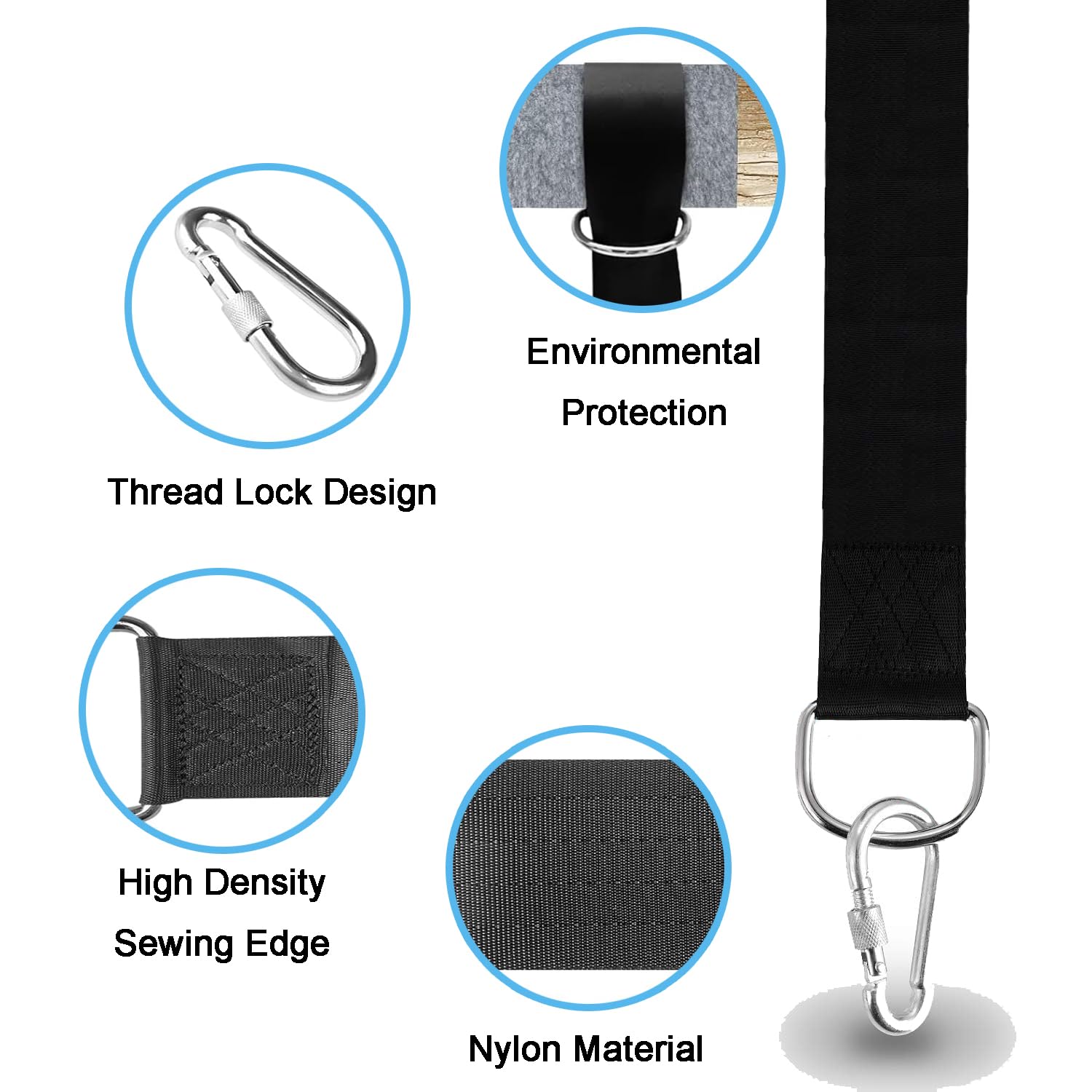 7 Pièces Corde Balancoire, Hamac Sangle, Polyester, 2* Courroie de Suspension + 2* Boucle de Connexion + 2* Coussinets de Protection des Arbres + 1* Sacs, pour Balançoire Extérieure, Hamac (150*6.5CM)