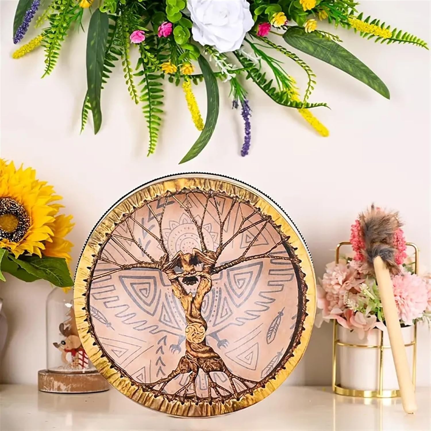 Indian Frame Drum Music Healing Meditation Shaman Drum 9.84in Bodhran Drum with Drum Stick, Native American Drum Festivals Party Decoration Hand Drums(Bird)