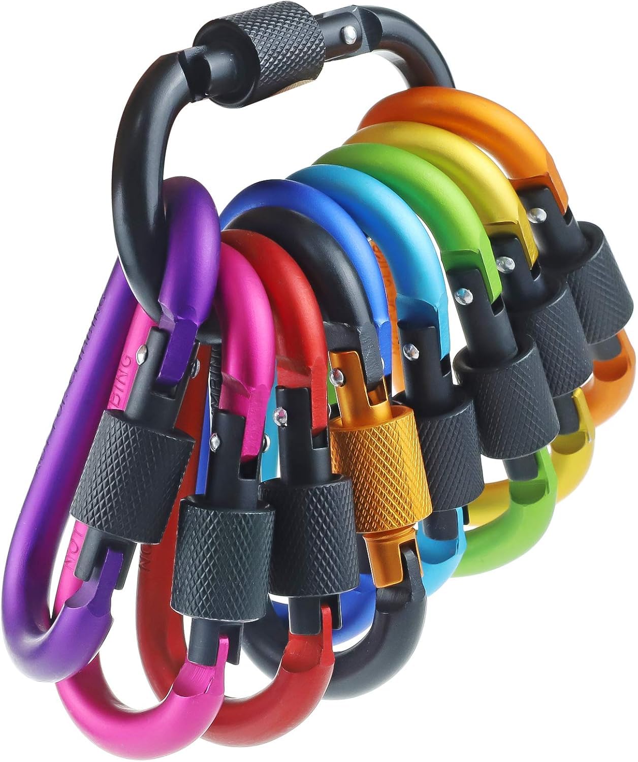 IEBUOBO 10 Pack Aluminum D Ring Key Rings Hiking Clips Locking Carabiner for Hiking Camping Fishing and Outdoor Use，Clips with Screw Gate Multicolored