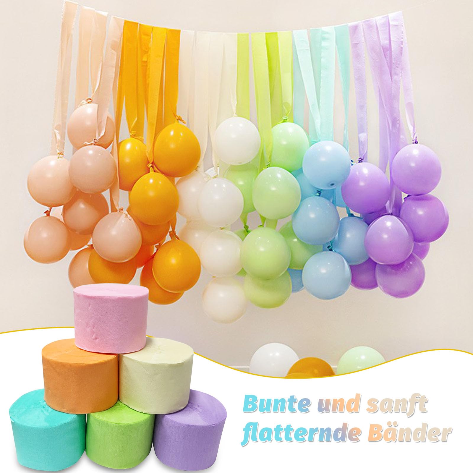 Lot 6 Rouleaux Papier Crépon + 12 Ballons Macarons - Décoration Fête, Anniversaire, Mariage