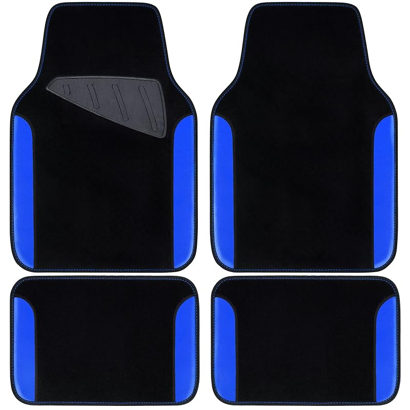 Tapetes automotivos de couro sintético com base antiderrapante CAR PASS, preto com azul, conjunto com 4 peças