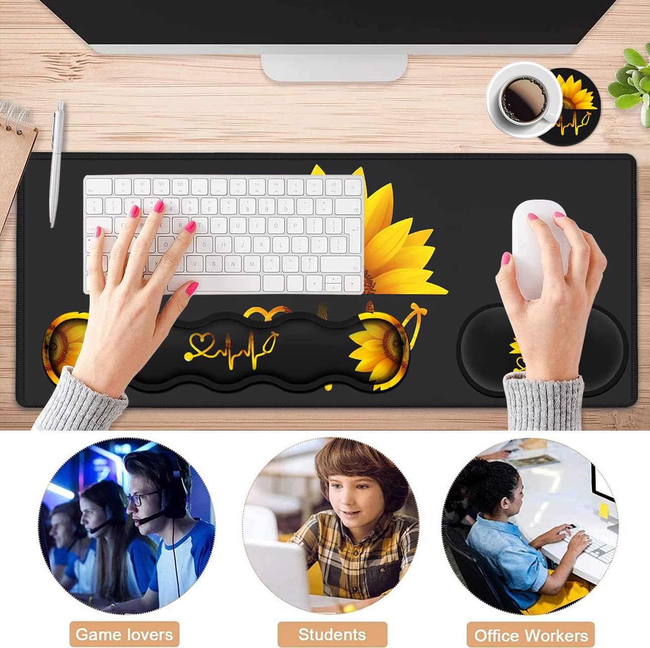 Ergonomic Mouse Pad Set, Desk Mat(31.5×11.8 in) + Keyboard Wrist Rest Support + Mouse Wrist Rest + Coasters for Office,Home,Computer,Laptop -Sunflower Nurse Pattern Black Gaming Large Mousepads