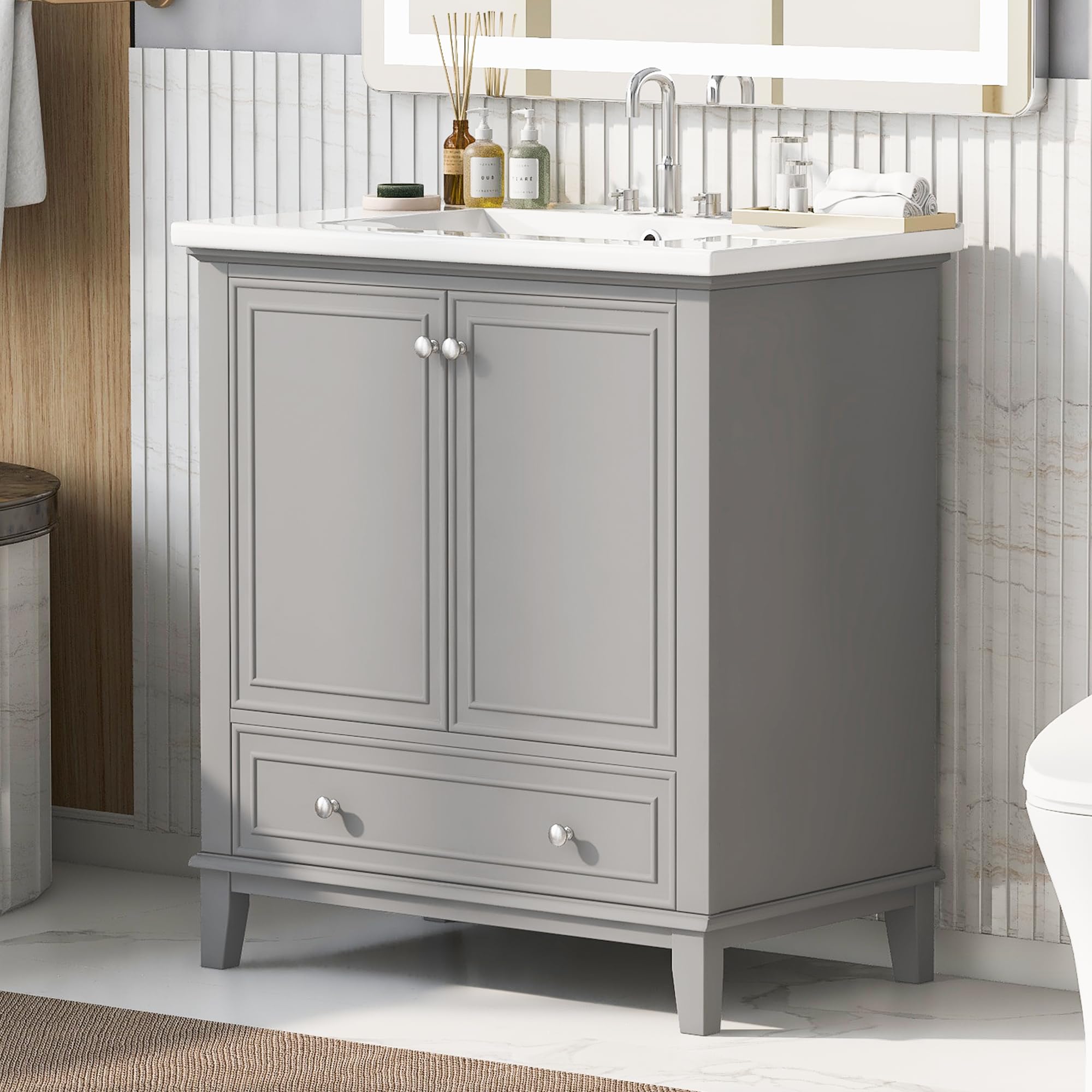 Wekuku 30 Inches Grey Bathroom Vanity with Sink Combo, Multi-Functional Cabinet with Doors & Drawer, Solid Frame & MDF Board, Stylish Storage Solution for Bathrooms (Old SKU: Sy999606aae)