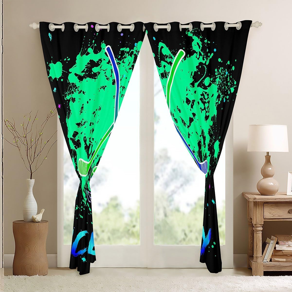 Feelyou Ice Hockey Curtains for Bedroom Living Room (2 Panels, 42 x 90 Inch) Ice Sports Games Blackout Curtains Boys Girls Gaming Sports Darkening Drapes Green Blue Galaxy Window Treatments image 4