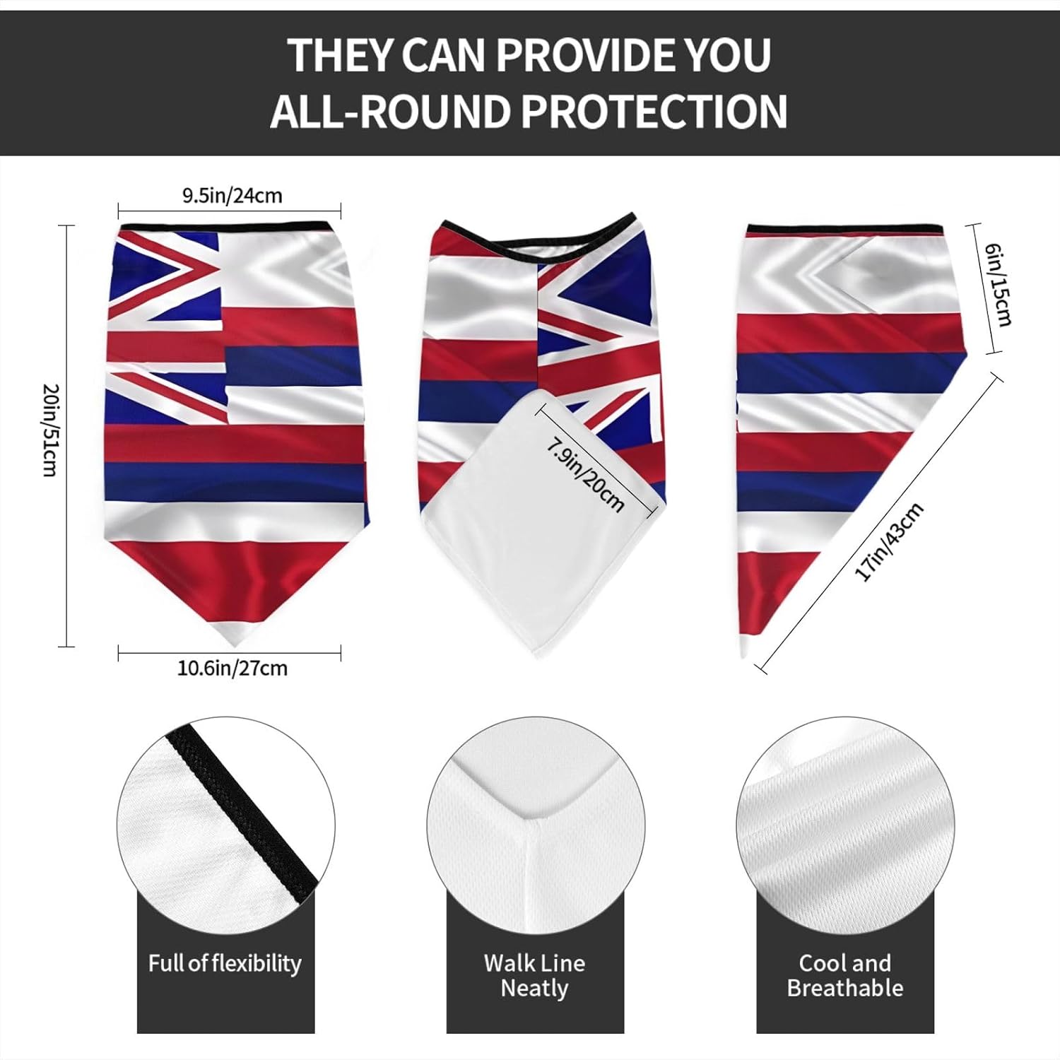 Protection Neck Gaiter Face Cover Flag of Hawaii American Balaclava Scarf Mask, Windproof Breathable Sun Shield for Men Women, Skiing Hiking Cycling Outdoor Sports