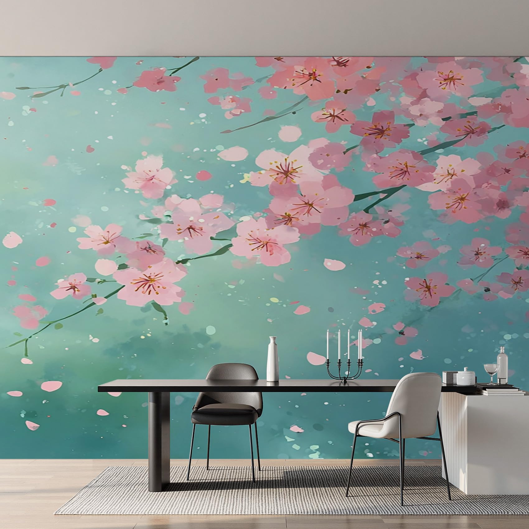 Papier Peint Panoramique Fleur de Cerisier Aquarelle Rose : Poster Mural Décoration Salon