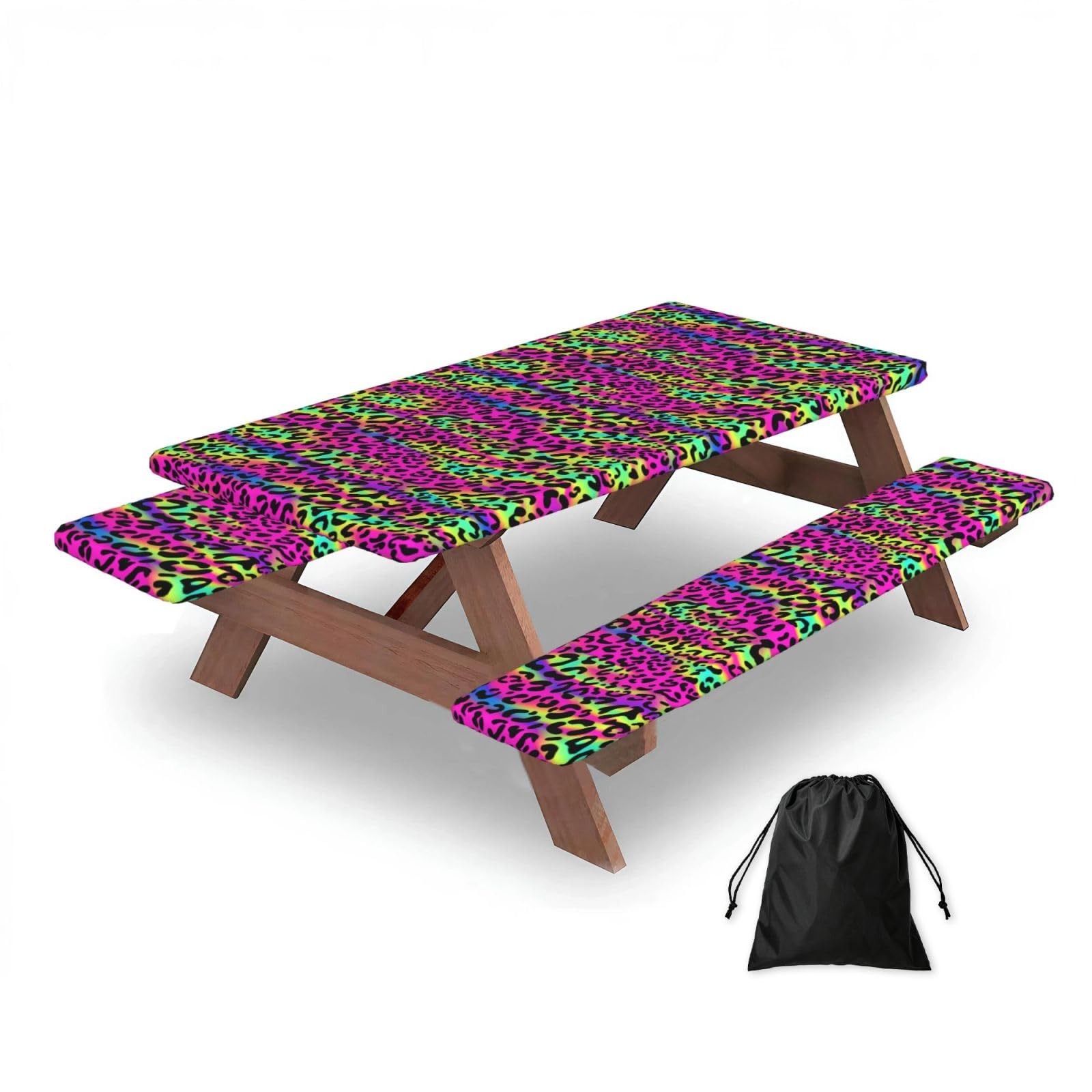 Dopklna As Picture Abstract Neon Bright Geometric Pattern, Picnic Table Cover With Bench Covers -Waterproof Elastic Fitted Tablecloth For Garden Camping Patio 76X152cm