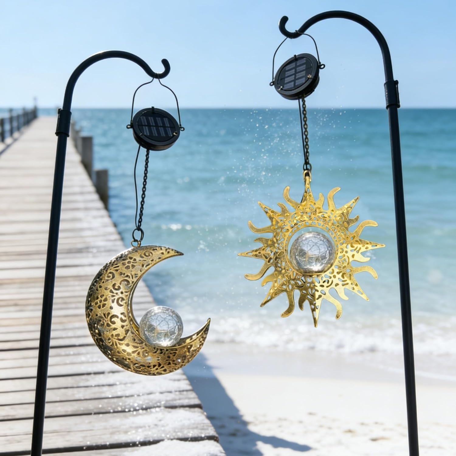 Solar Hanging Sun & Moon Lights Set for Outside,2 Pack Metal Lanterns Pierced Carving Soothing Lamp, Large Decorations for Yard Garden Patio Proch Tree Wall, Christmas Gifts for Women Mom - Image 9