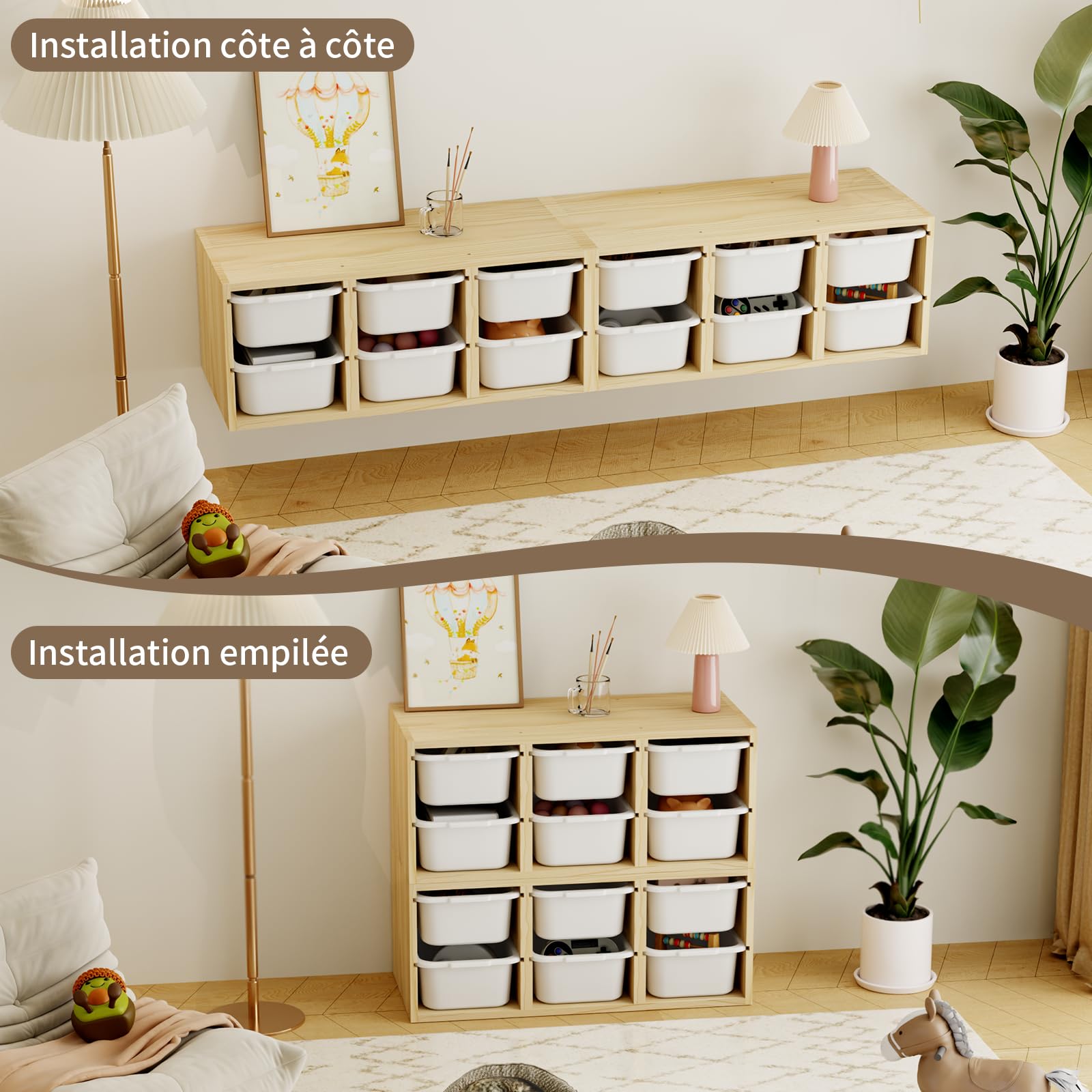 Organisateur de Jouets Mural Montessori en Bois Massif avec 6 Bacs, Étagère de Rangement avec Plateau Supérieur pour l'Apprentissage et Le Jeu, Rangement pour Livres d'enfants