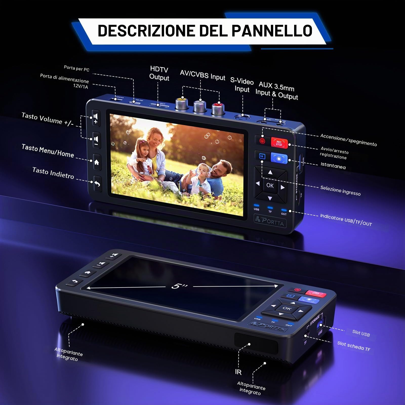PORTTA Convertitore da VHS a digitale VD20P con schermo HD da 5", registratore video, conversione in MP4, compatibile con VHS, Hi8, Mini DV, console di gioco (richiede lettore VHS/DVD/videocamera)