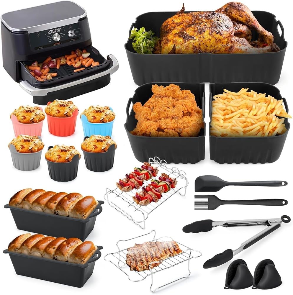 Accessoires Air Fryer pour NINJA 10.4 L, AF500EU Moule Silicone Air Fryer | Flex Drawer Airfryer, Pièces de Rechange pour Friteuses，Moule Silicone pour Ninja Foodi Flex 1 × 10.4 L et 2 × 5.2 L (22PCS)