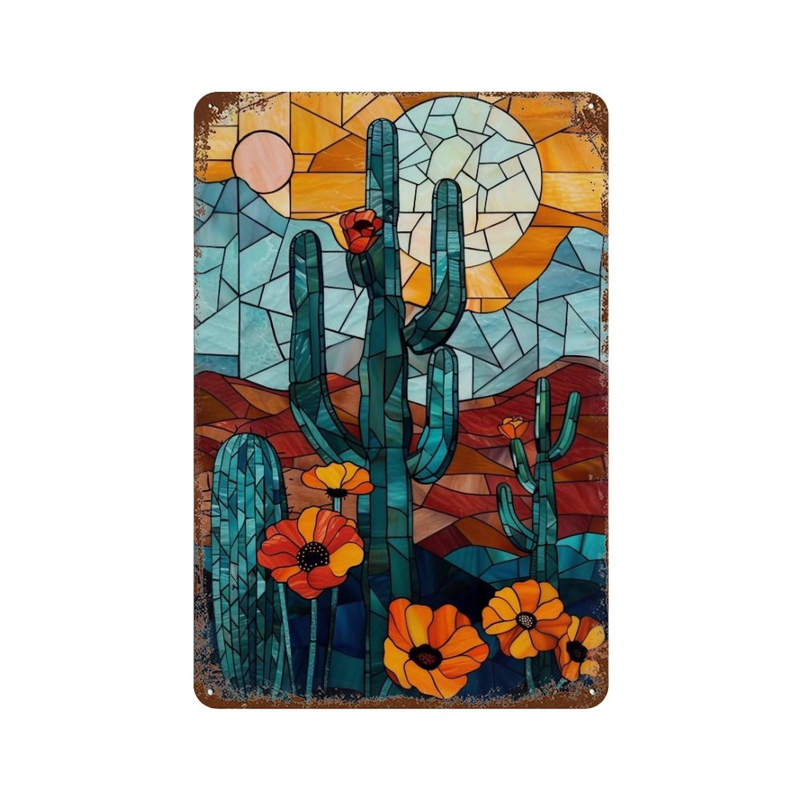 WIHYRTUI Stained Glass Mosaic Teal Desert Cactus Orange Bloom Vista 01 Wall Retro Iron Metal Tin Sign Vintage Art Poster Modern Home Cofffee Club Art Bar Shop Decor Style 30x20cm