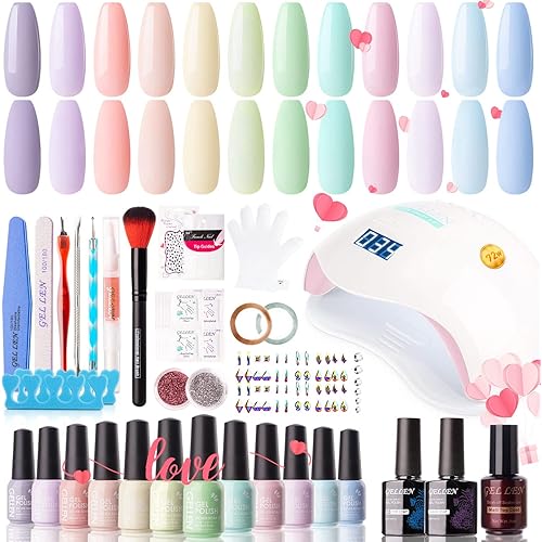 GELLEN Gel Nail Polish Kit with Nail Light 72W Nail Dryer, 12 Gel Nail Polish Colors, No Wipe Top Base Coat, Nail Art Decorations, Manicure Tools, All-In-One Manicure Kit, Macaron Candy