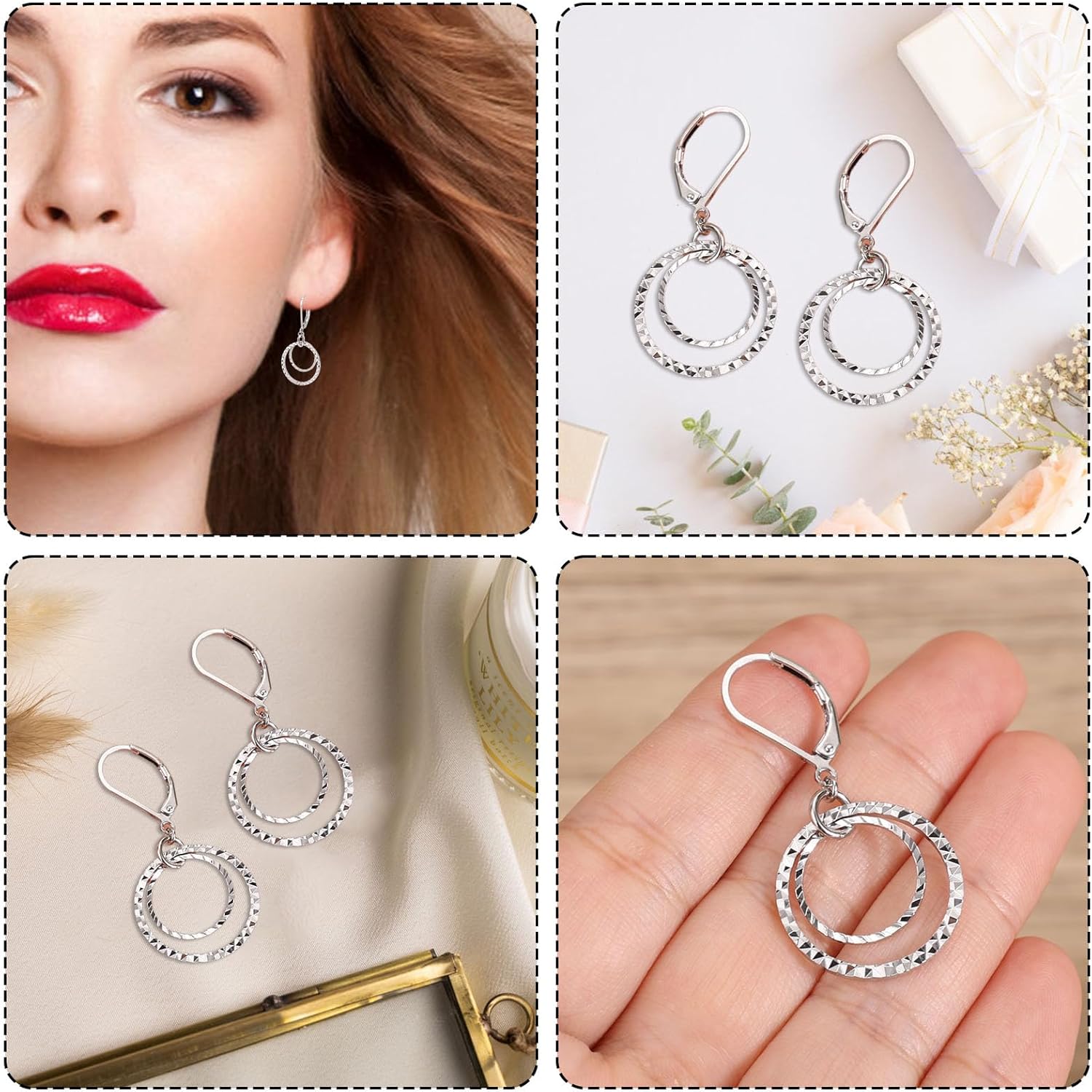Leverback Earrings for Women, Trendy Silver Circle Dangle Drop Earrings Fashion Hammer Pattern Drop Jewelry for Birthday - Image 6