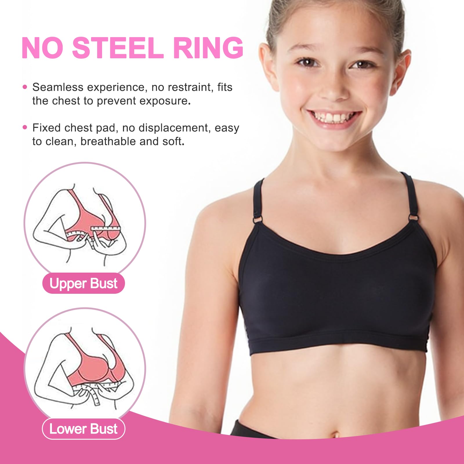 3 Pièces Soutien-Gorge d'entraînement sans Couture pour Filles, Coton Brassiere sans Armature, Réglable Haut à Bretelles et Coussinets Amovible pour Fille 10 à 14 Ans, Noir Blanc Couleur Peau