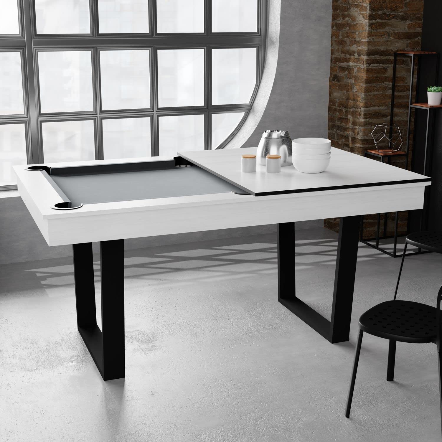 Billard Américain Blanc Convertible en Table à Manger -Style Industriel
