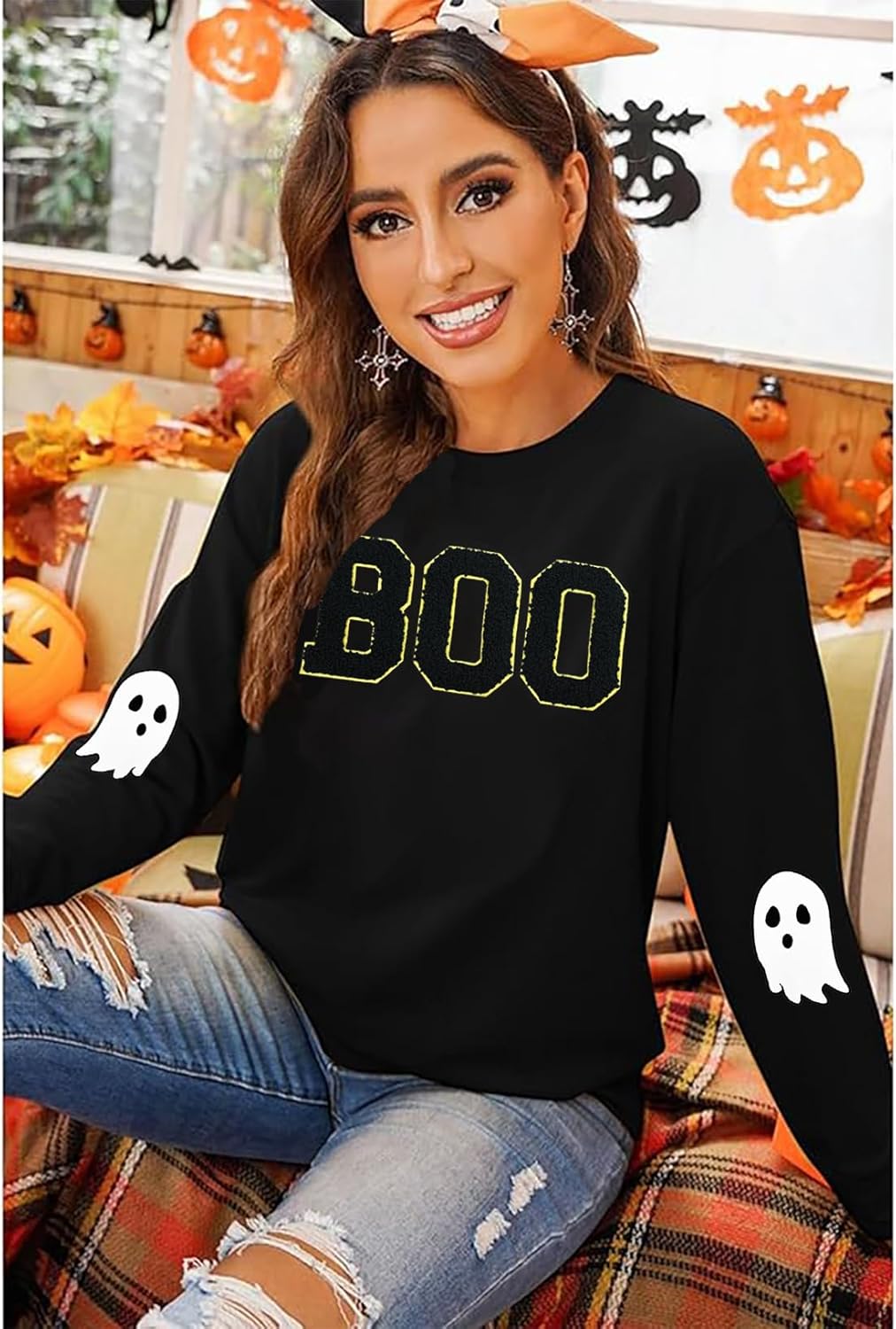 Halloween BOO Sweatshirt Women Ghost Chenille Patch Sweatshirts Spooky Season Fall Embroidered Pullover Top - Image 3