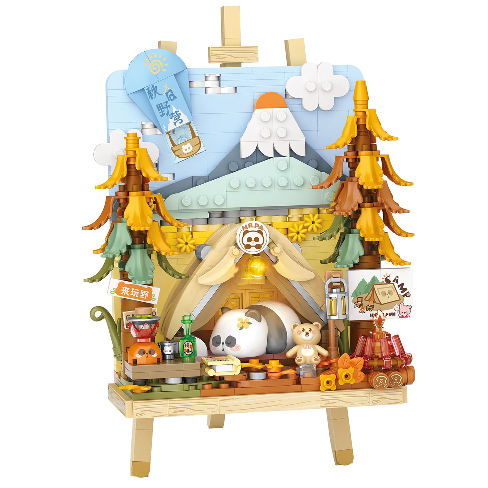 MEIEST Panda 3D Painting Model Mini Building Blocks Set,Creative 4 Seasons' Views Collection Building Bricks Toy,Home Decor (Autumn-camping)