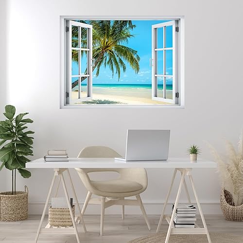 Miniatura 3 de wall26 Adhesivo removible de paredmural de pared, vista de ventana, playa tropical, palmera, isla, paraíso, naturaleza, desierto, fotografía,