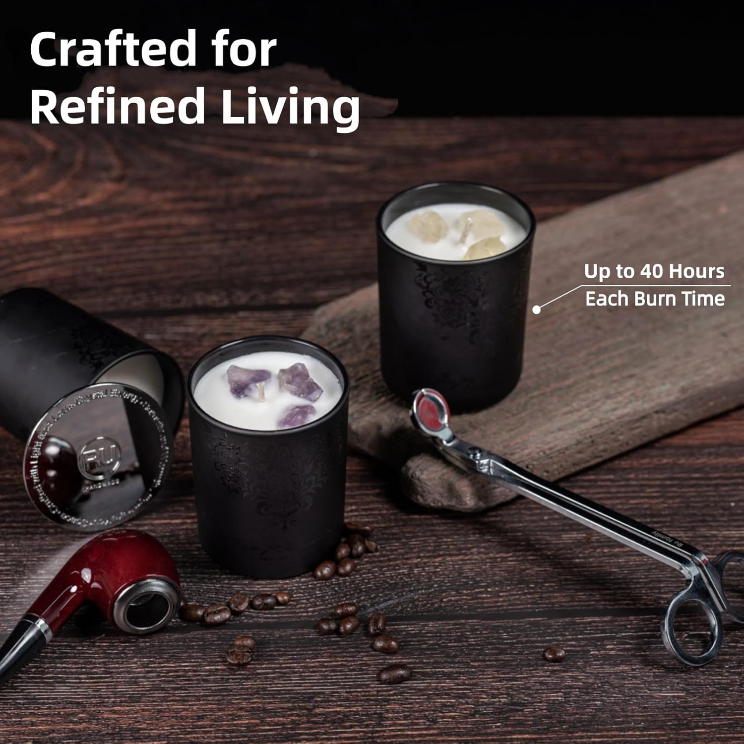 Luxury Black Scented Candles Gift Set for Men – 3×7oz Soy & Beeswax Crystal Candles with Wick Trimmer & Snuffer, Masculine Woodsy Aromatherapy Candles for Home, Birthday & Holiday Gifts for Him - Image 2