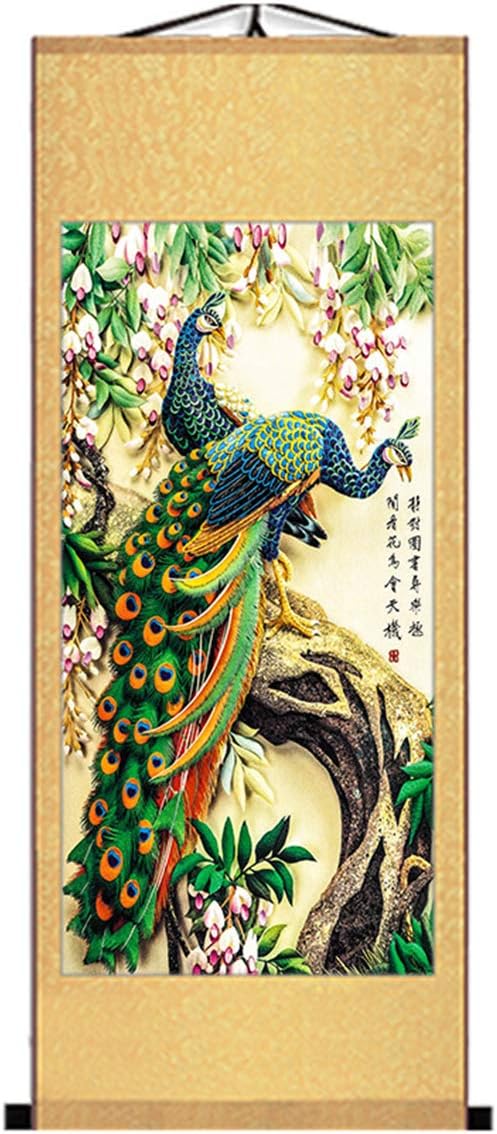 Zzooi Chinese Elegant Art Peafowls Painting Wall Art Hanging Scroll