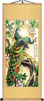 Zzooi Chinese Elegant Art Peafowls Painting Wall Art Hanging Scroll