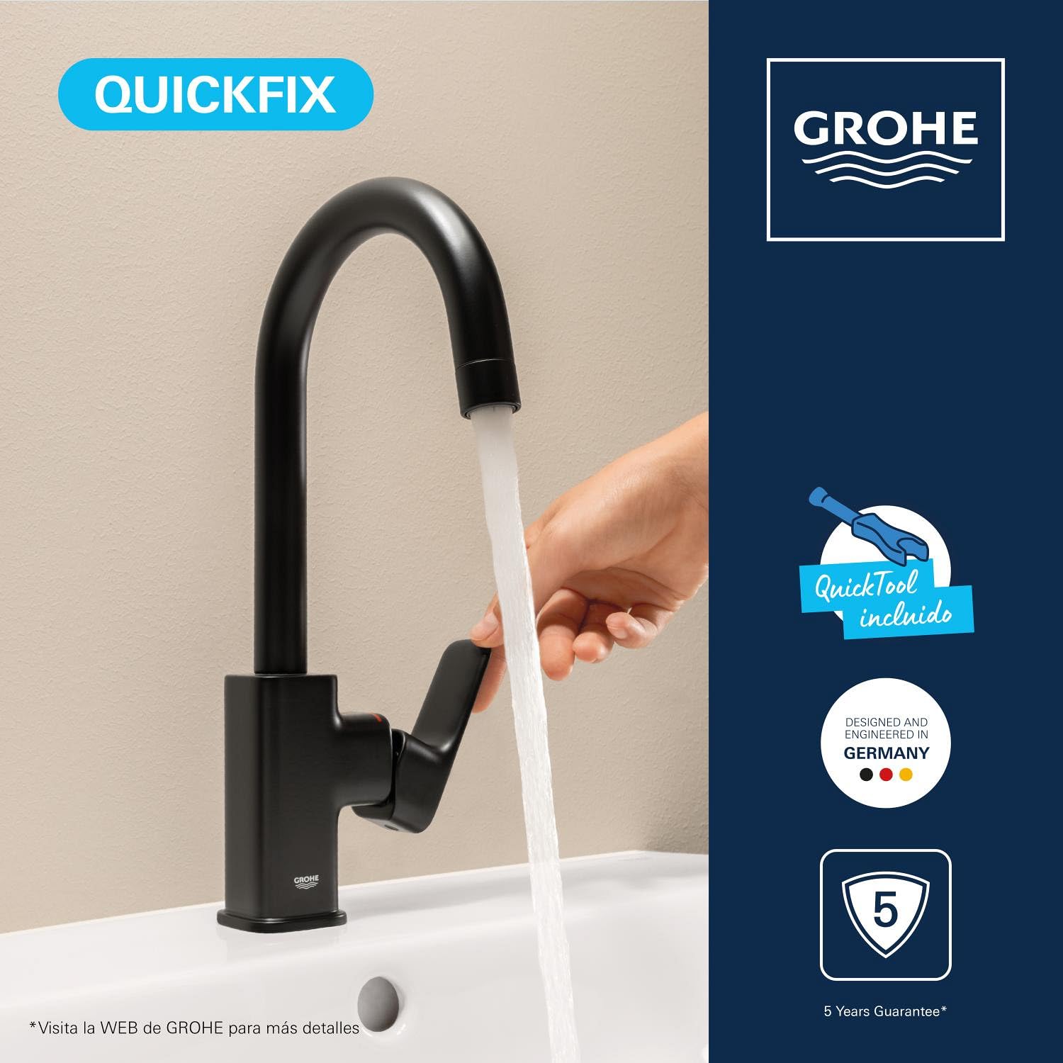 GROHE Dice - Grifo lavabo con desagüe Pop-Up, Talla L, caño en C giratorio 90°, cartucho cerámico 28mm, eficiencia energética y ahorro agua, latiguillos 3/8", QuickTool, Negro Mate, 1018712430