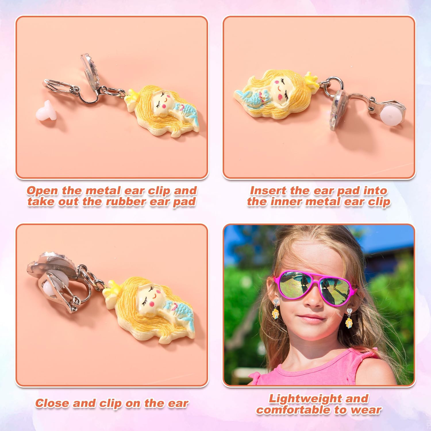 6 Pairs Colorful Clip On Drop Earrings, Resin Clip On Earrings Non-Pierced Princess for Dress Up Princess Jewelry