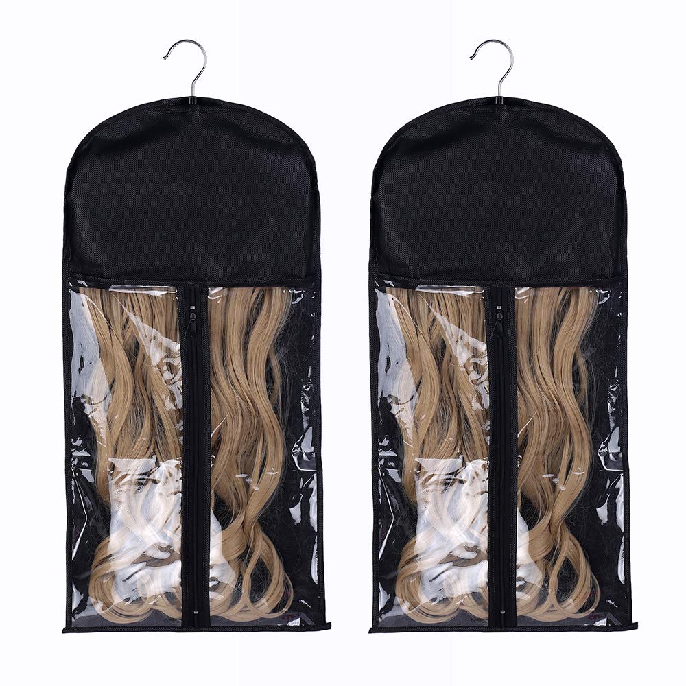 2 Pack Hair Extensions Storage Bag with Hanger Hairpieces Storage Holder Wigs Carrier Case for Store Style Hair