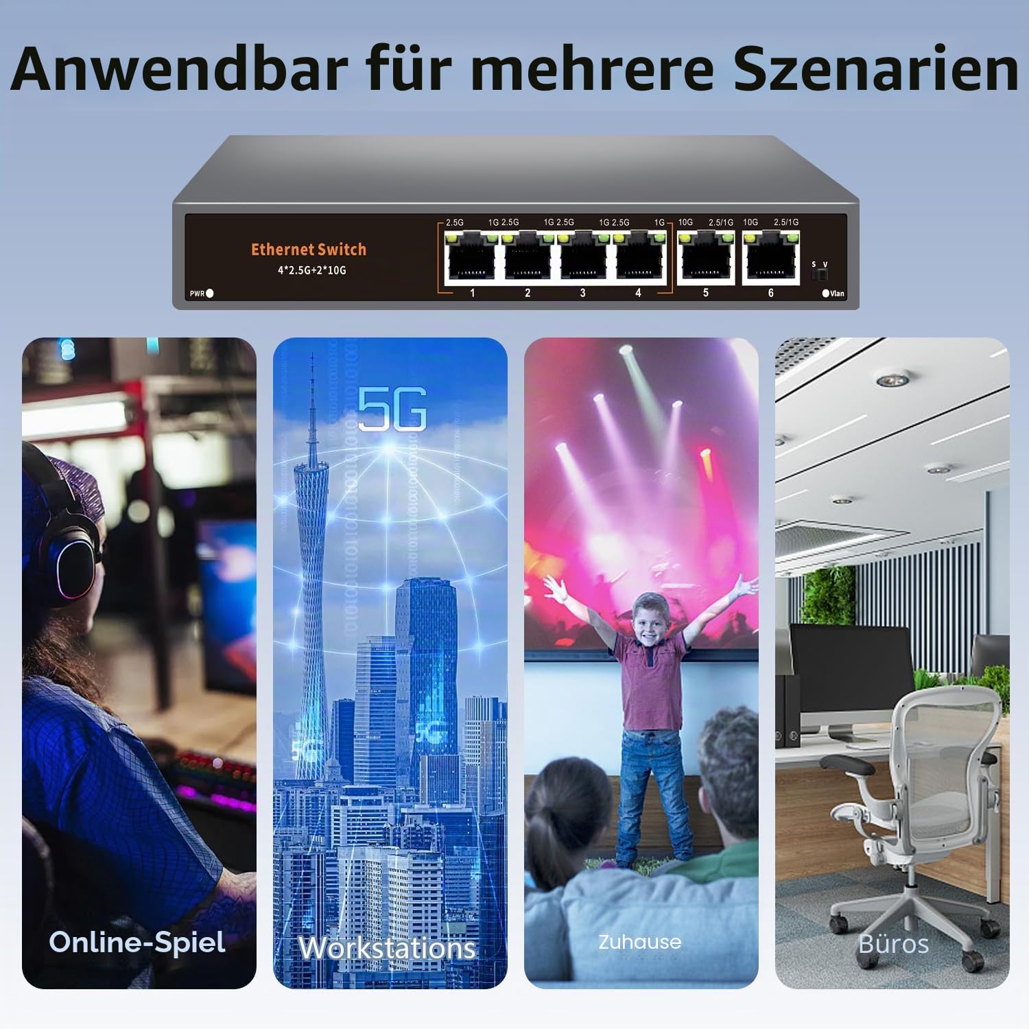 10G Unmanaged Ethernet Switch mit 2 x 10G RJ-45 Uplink-Port und 4 x 2,5 G Base-T Ports, kompatibel mit 100/1000/2500 Mbps, One-Key WLAN, lüfterlos Plug & Play, Metall 2,5 GB Netzwerk-Switch (6)