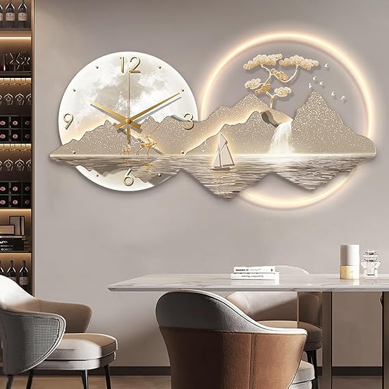 Wall Hanging Decor, Plug-in Power Supply Wall Clock with LED Light, Modern 3D Wall Decor Creative Landscape Wall Hanging Mural for Living Room, Bedroom(31.5x15.7in, A)