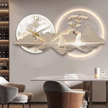 Wall Hanging Decor, Plug-in Power Supply Wall Clock with LED Light, Modern 3D Wall Decor Creative Landscape Wall Hanging Mural for Living Room, Bedroom(31.5x15.7in, A)