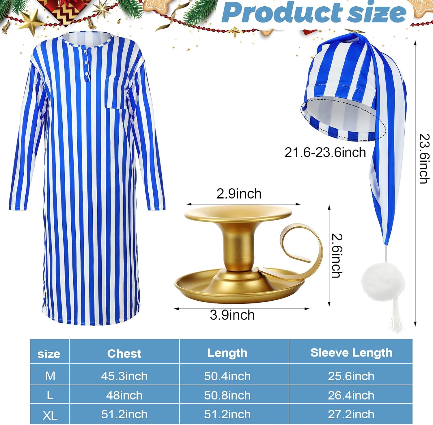 Liitrsh 3 Pcs Christmas Nightshirt Costume Cosplay Christmas Men's Pajama Nightgown Adjustable Sleep Cap Candle Holder image 2