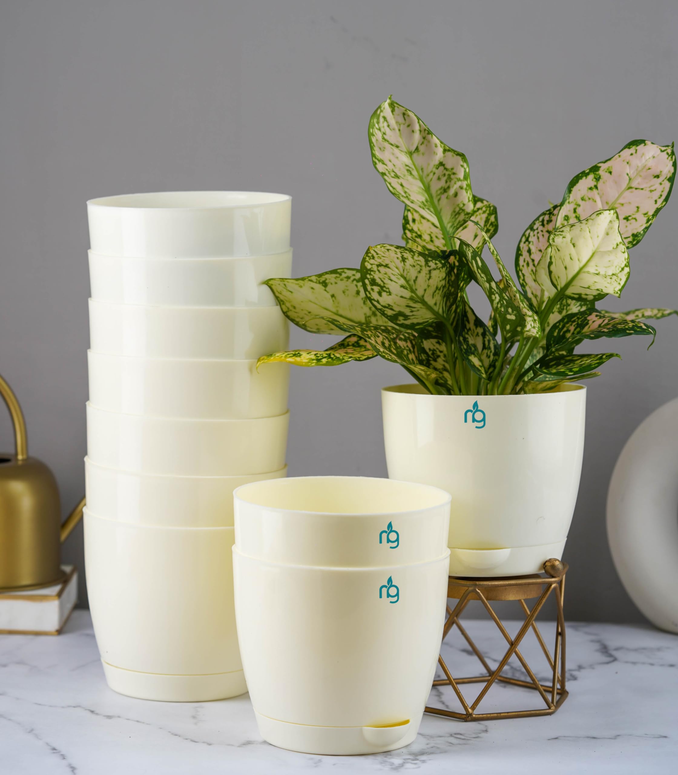 Nurturing Green® Combo of 10 Self Watering Flower Pots for Living Room & Home Decor | Plastic Plant Pots for Indoor, Balcony & Garden (Color: Ivory, Size: 14cm x 12.5cm Each)
