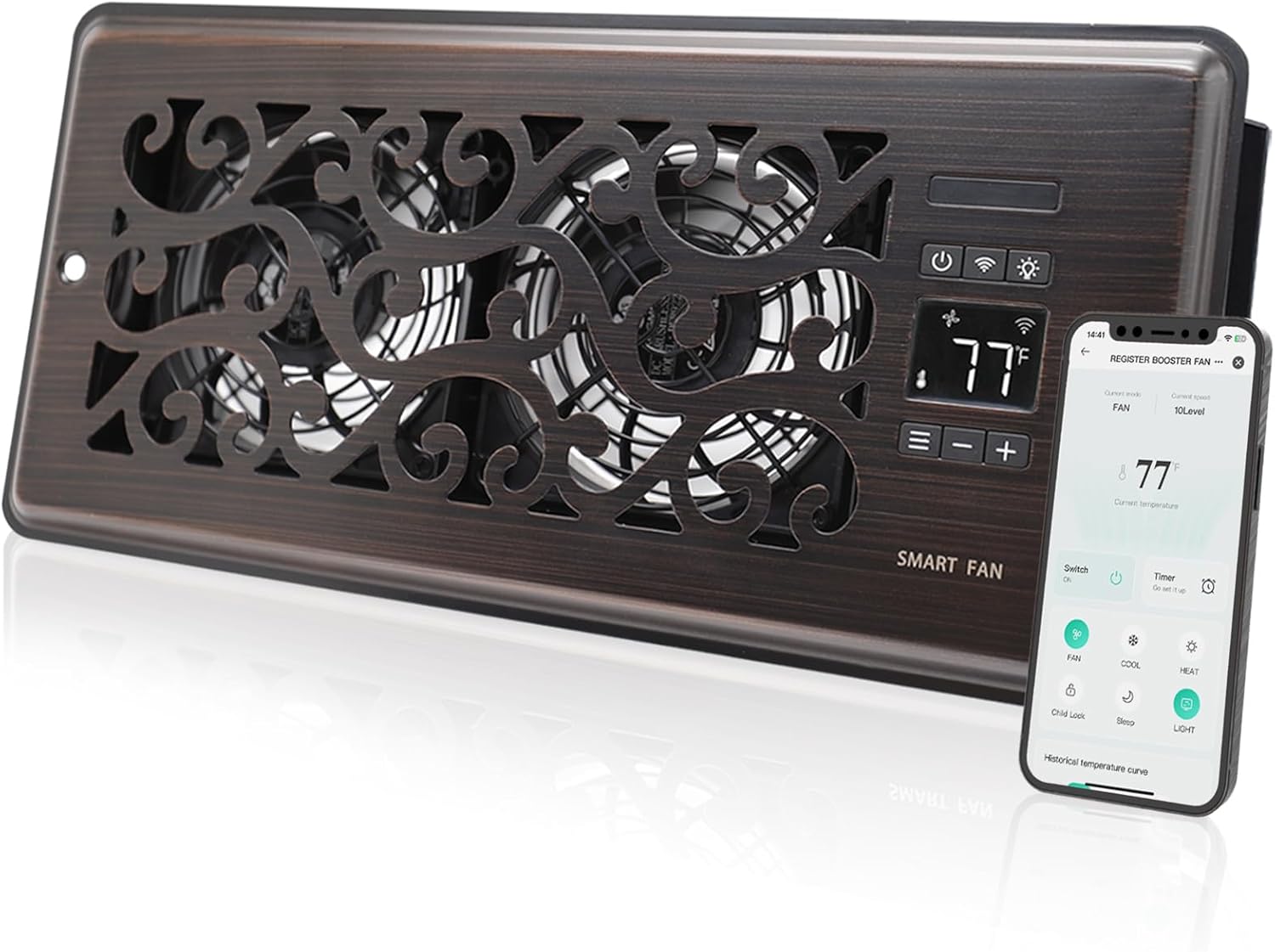 4" x 10" Super Quiet Register Booster Fan - Upgrade Smart Register Vent with Ionizer and Dual Intelligent Thermostat Control - Heating Cooling Vent Fan Booster - Charleston Design (ORB)