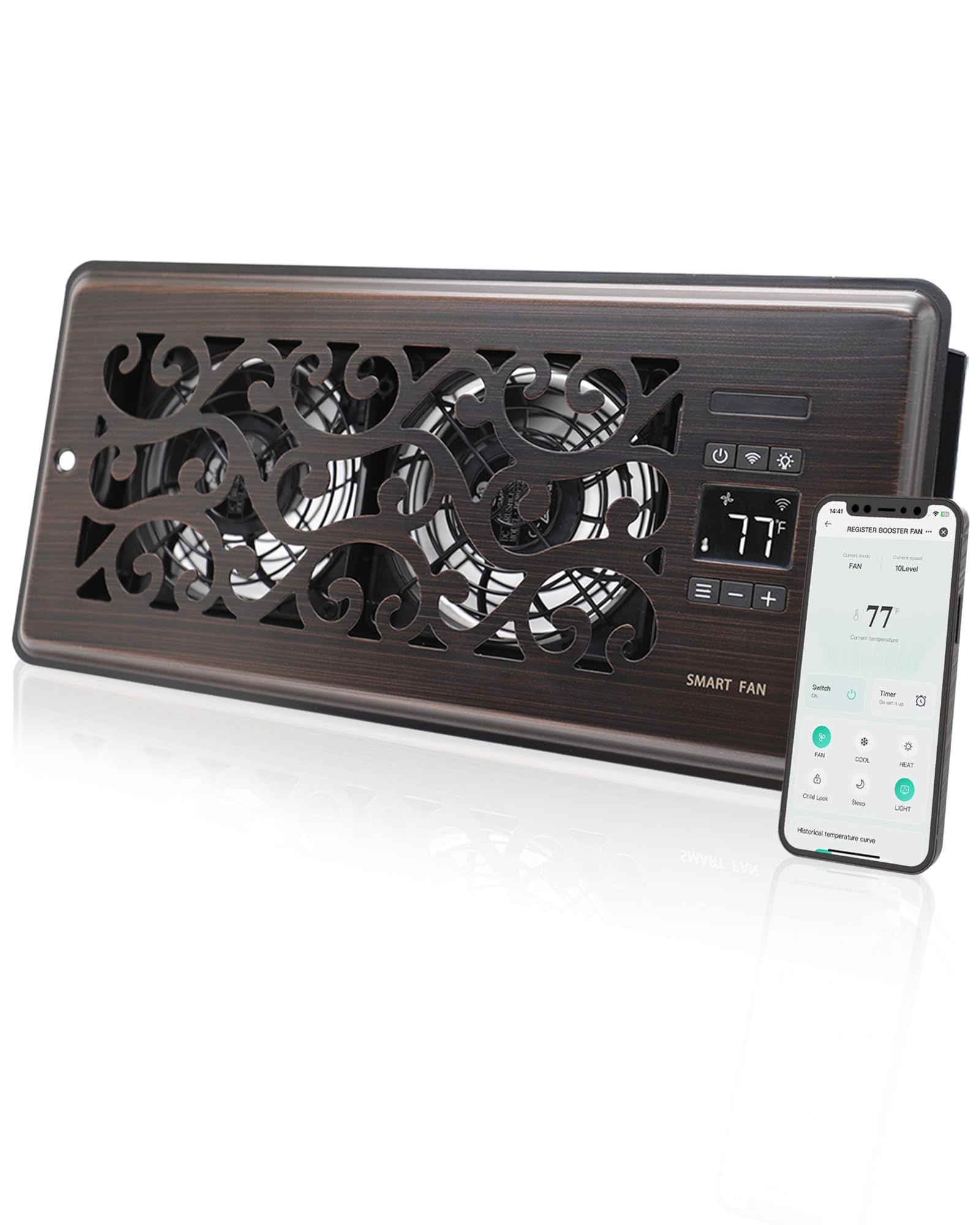 Photo 1 of Howeall 4" x 10" Super Quiet Register Booster Fan - Upgrade Smart Register Vent with Ionizer and Dual Intelligent Thermostat Control - Heating Cooling Vent Fan Booster - Charleston Design (ORB)