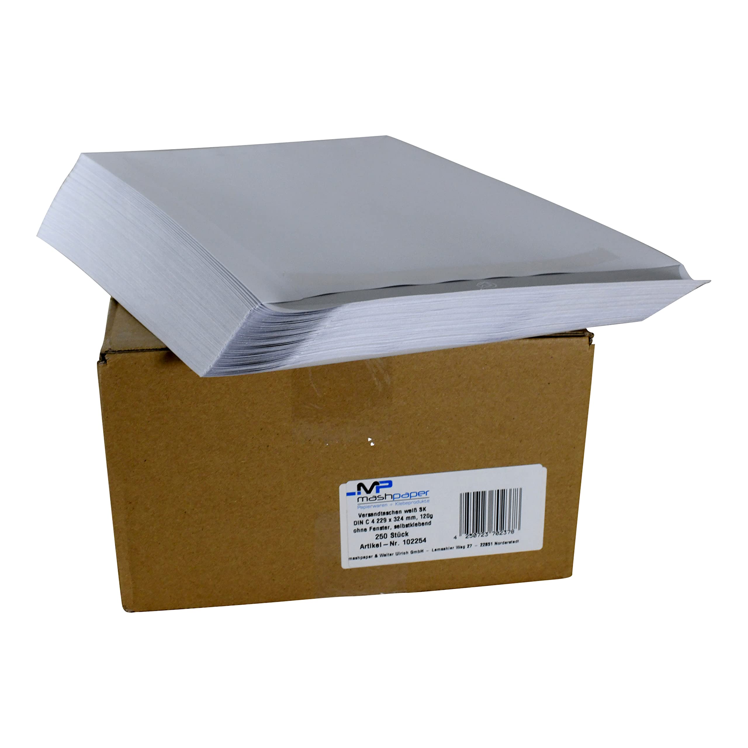 MASHPAPER Versandtaschen DIN C4, weiß, ohne Fenster | 229 x 324 mm | Weiße Versandtaschen C4, 250 Stück, Offset weiß chlorfrei 120g/qm, Selbstklebung, ideal für A4 Dokumente ohne Knicken, 102254