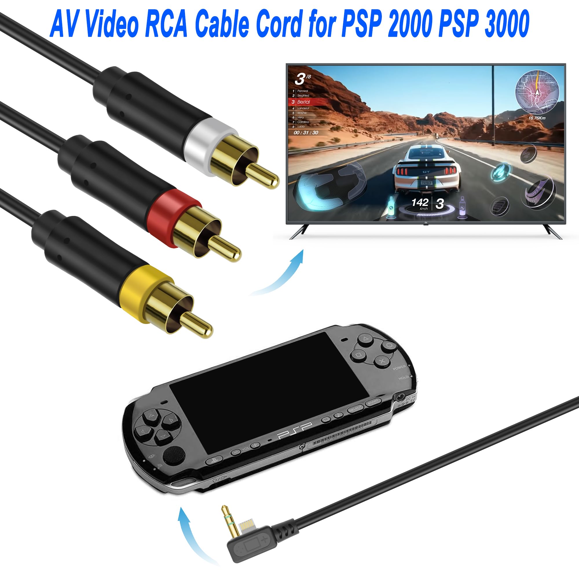 MEIRIYFA Compatible avec PSP AV Audio Vidéo 3RCA câble adaptateur pour PSP 2000 3000 HDTV HD Composant Audio Vidéo Câble de rechange (noir, 1,8 m)