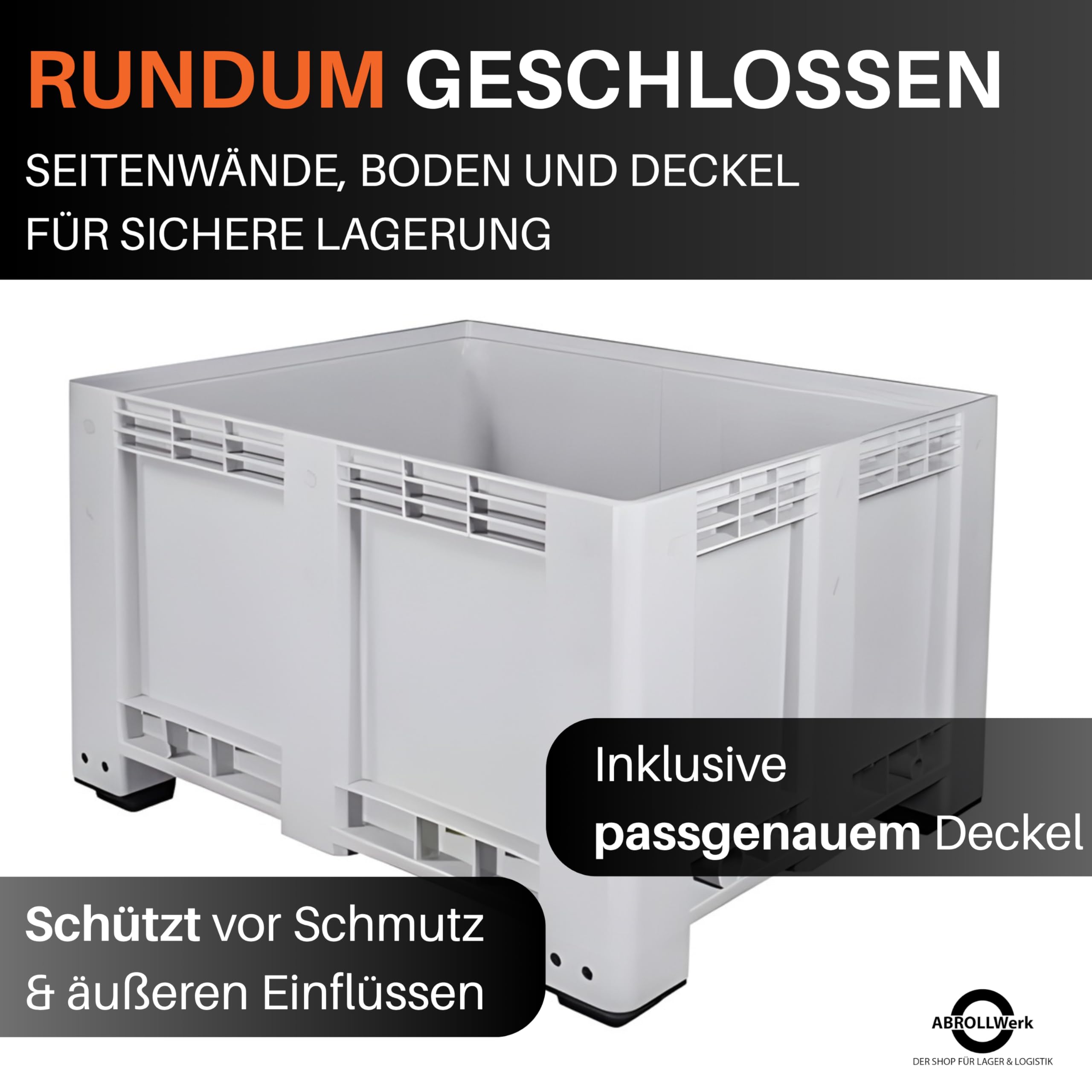 BP Bigbox Palettenbox 1200x1000x760 mm mit Deckel – 570 Liter Volumen geschlossen – Robuste Materialbox aus HDPE mit 4 Füßen – Kunststoffbox für Industrie & Lager