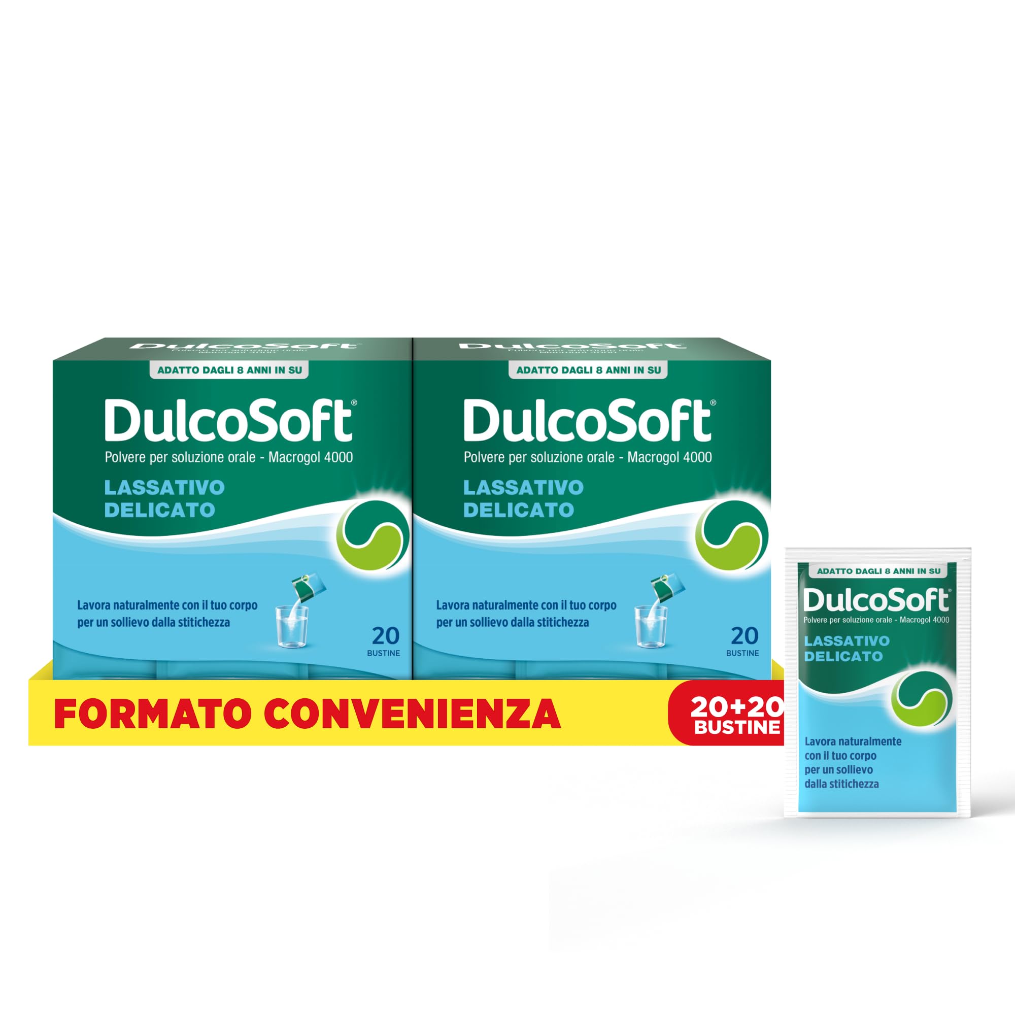 DulcoSoft Lassativo con Macrogol, Rimedi Stitichezza Adulti e Bambini - Senza Glutine, Senza Zucchero - Lassativo Delicato per Irregolarità Intestinale, Stipsi (40 Bustine)