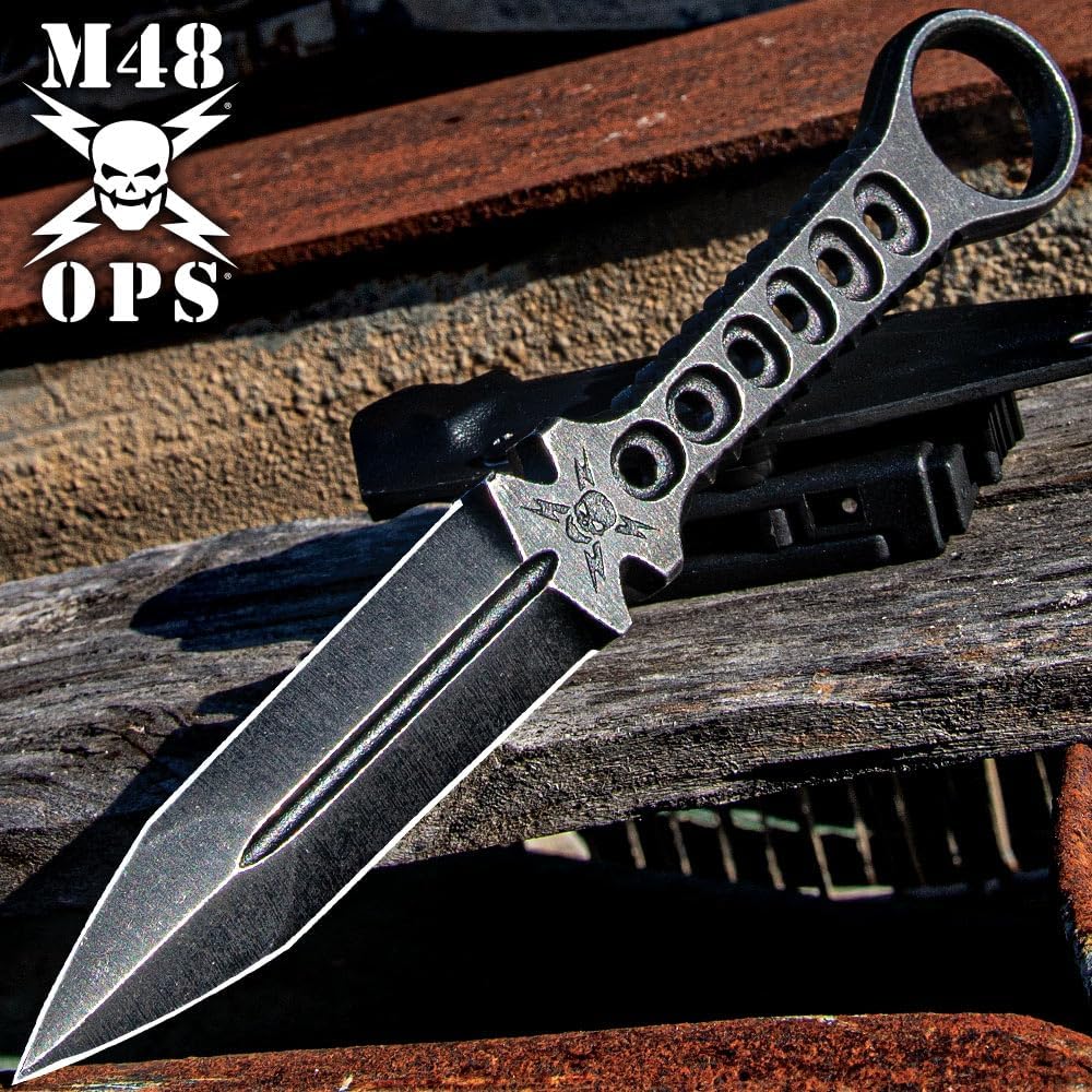 M48 Tanker Combat Dagger | 4 1/4" Double-Edged 3Cr13 Stainless Steel Blade | Stonewashed Finish | Open-Ring Pommel | Kydex Sheath with Metal Belt Clip | 9 1/2" Overall Length