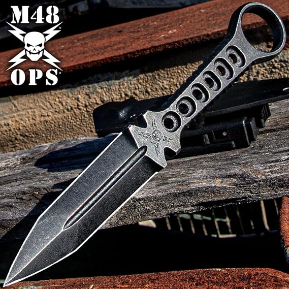 M48 Tanker Combat Dagger | 4 1/4 Double-Edged 3Cr13 Stainless Steel Blade | Stonewashed Finish | Open-Ring Pommel | Kydex Sheath with Metal Belt Clip | 9 1/2 Overall Length